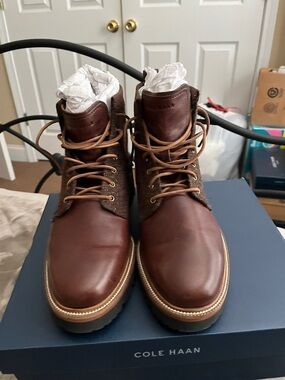 Cole Haan Brown Leather and Fabric Lace-Up Ankle Boots